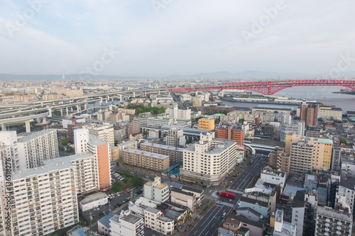 Aerial view of Osaka from Tempozan Ferris Wheel, Osaka, Japan