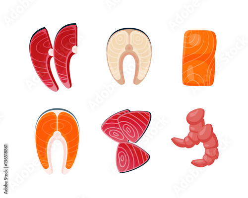 Raw fish meat steaks vector illustration.