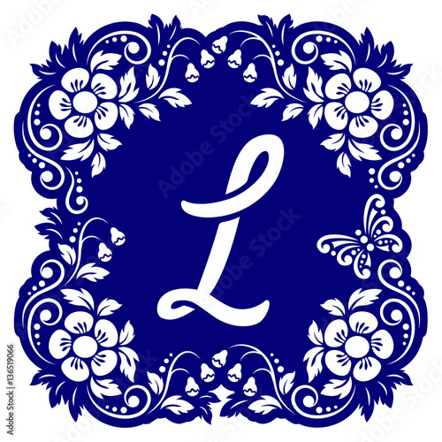 Laser cutting template alphabet. Openwork card with flowers, leaves, buds, swirls, butterfly. Carved edges and letter L in middle. 1:1 ratio, square size 15*15 sm default. Vector illustration.