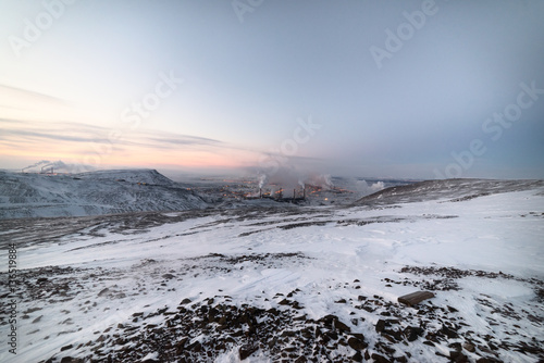 Steel works. Winter landscape,