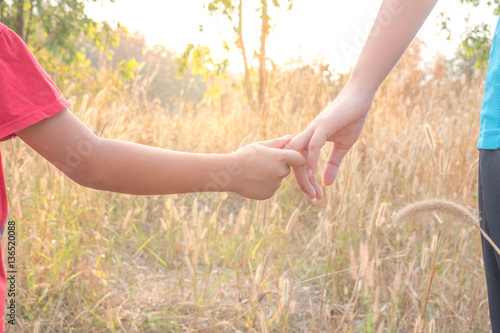 Parent holds the hand of child in nature.