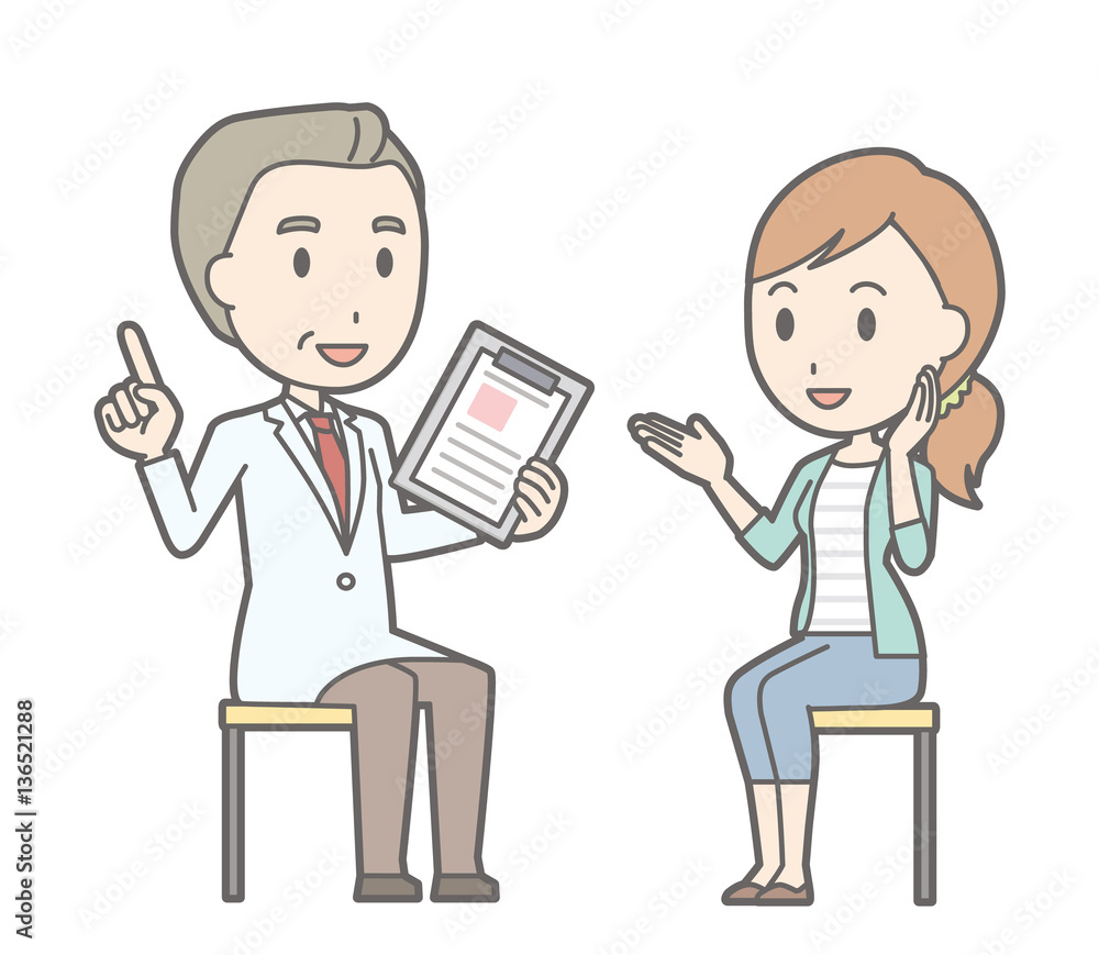 Illustration of a young woman wearing jeans consulting a doctor