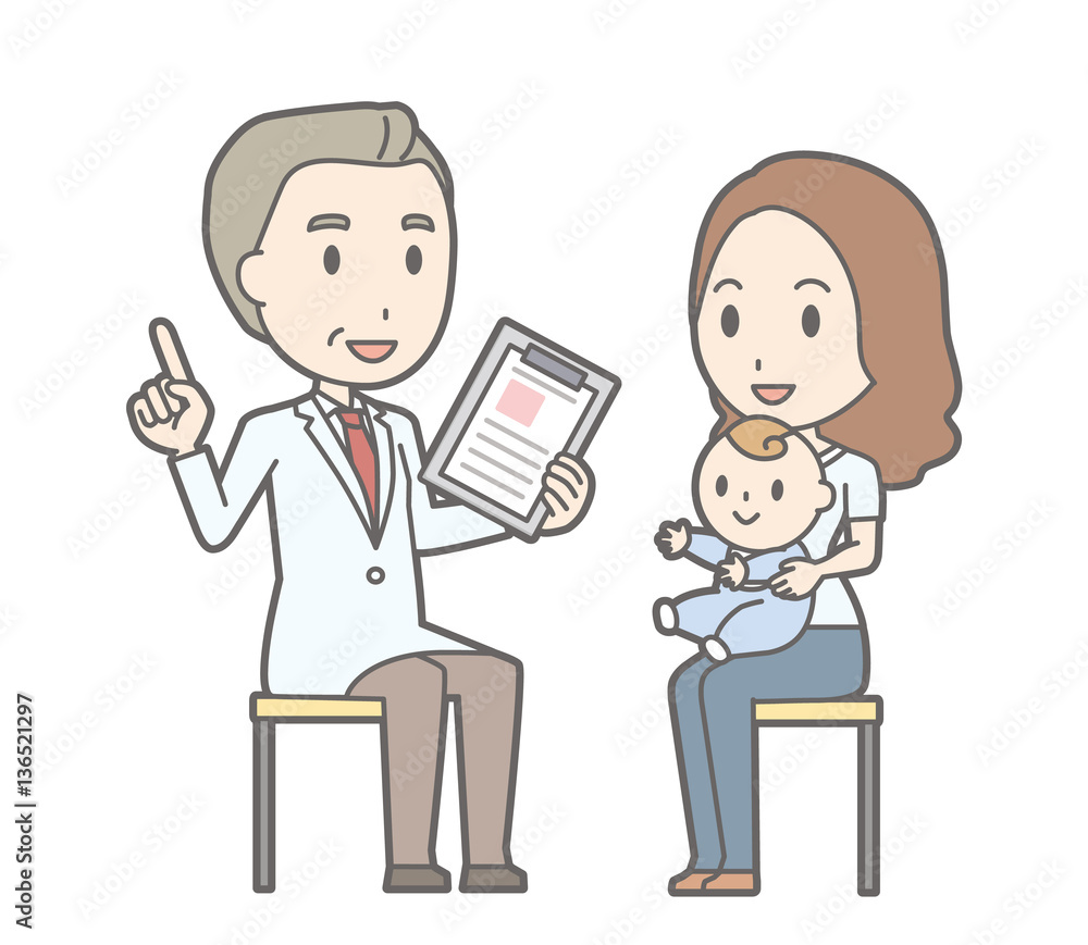 Illustration of a young woman holding a baby consulting a doctor Illustration of a young woman holding a baby consulting a doctor