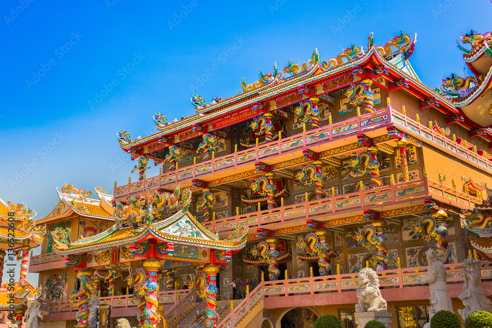 Exterior of Chinese Buddhism temple in Thailand, Chinese guardian lion statue Exterior of Chinese Buddhism temple in Thailand, Chinese guardian lion statue
