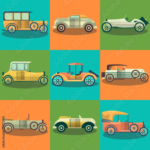 Retro cars and collector autos vector flat set
