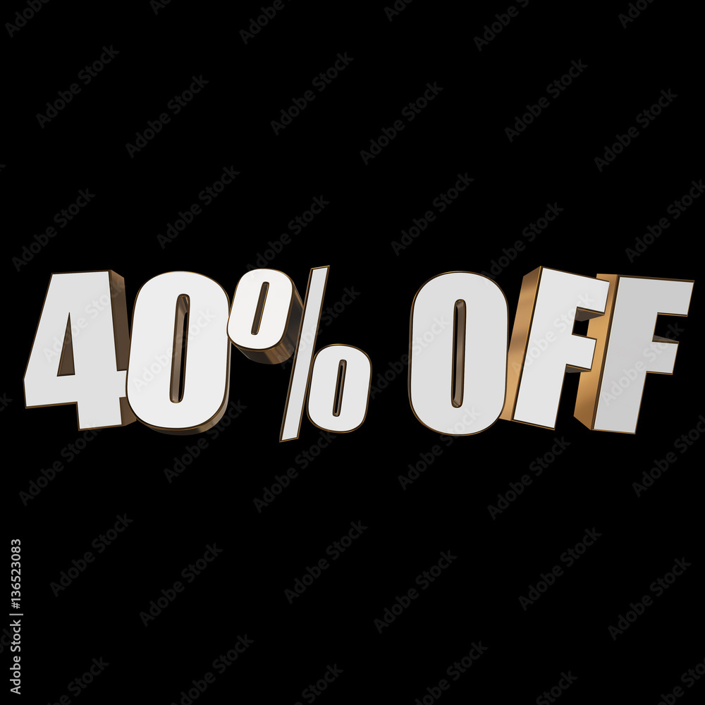 40 percent off letters on black background. 3d render isolated. 40 percent off letters on black background. 3d render isolated.