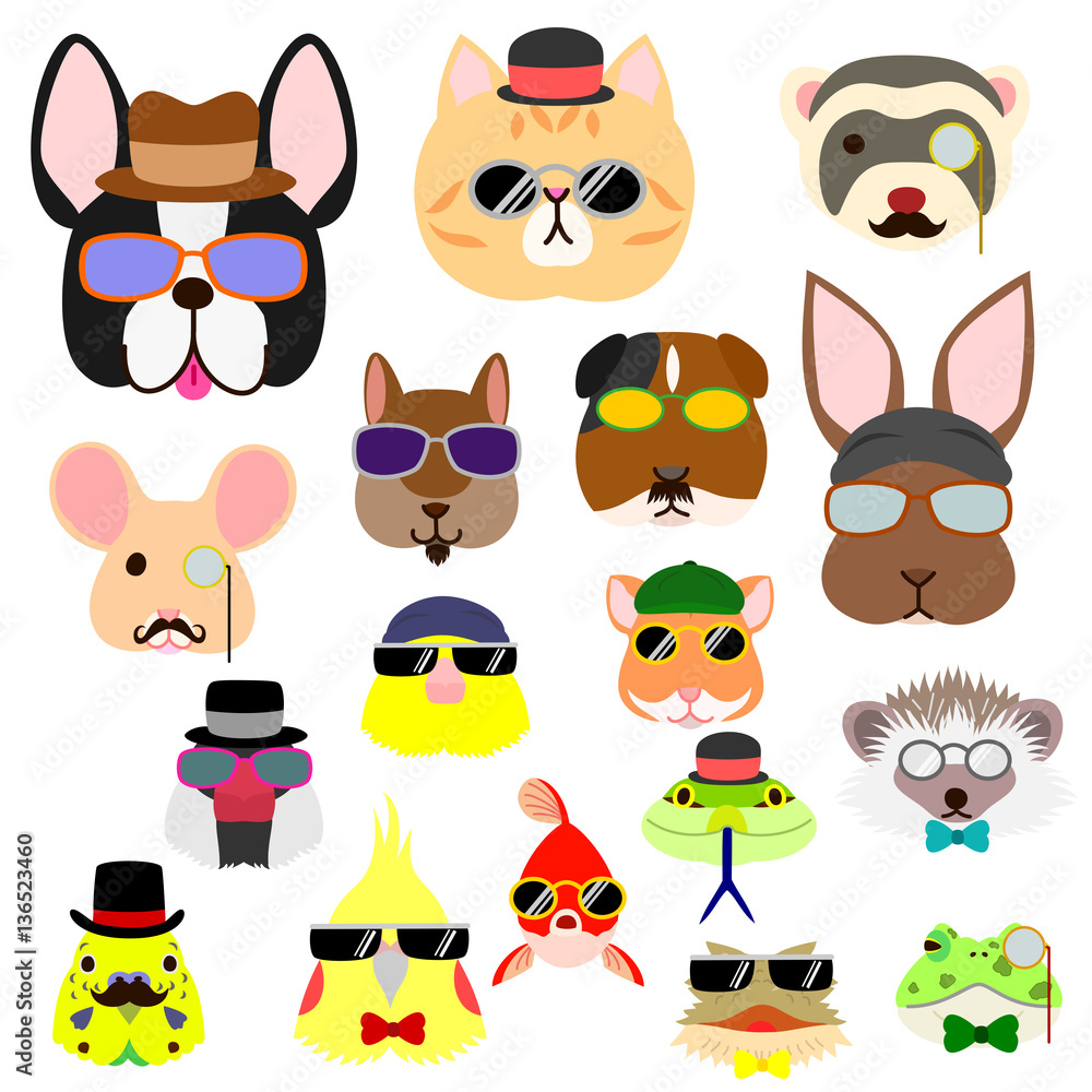 hipster pet animals faces set hipster pet animals faces set