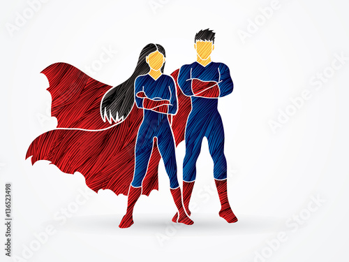 Superhero Man and Woman standing arms across the chest designed using grunge brush graphic vector.