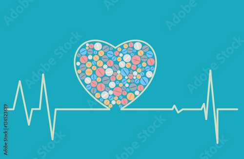 Health concept - a heart shaped cardiogram includes tablets