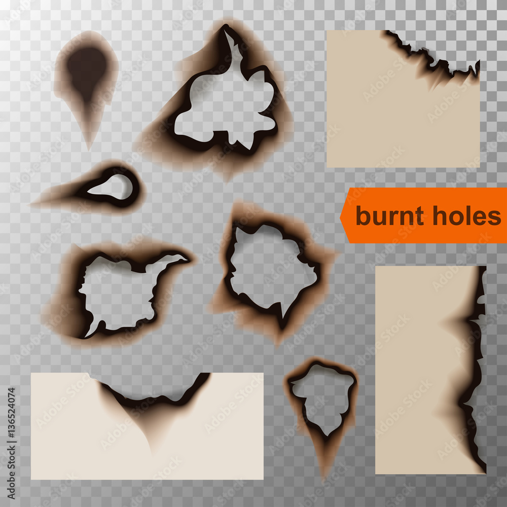 Vector realistic burnt paper holes and banners on transparent background. Vector realistic burnt paper holes and banners on transparent background.