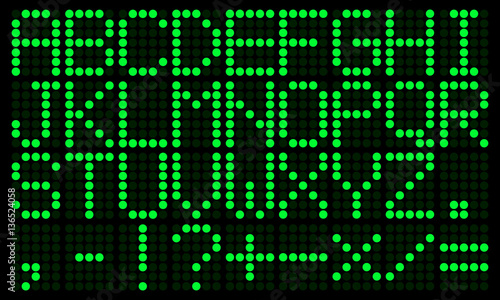 Green electronic digital english alphabet. Punctuation and mathematical signs. Digital scoreboard mockup. Vector illustration
