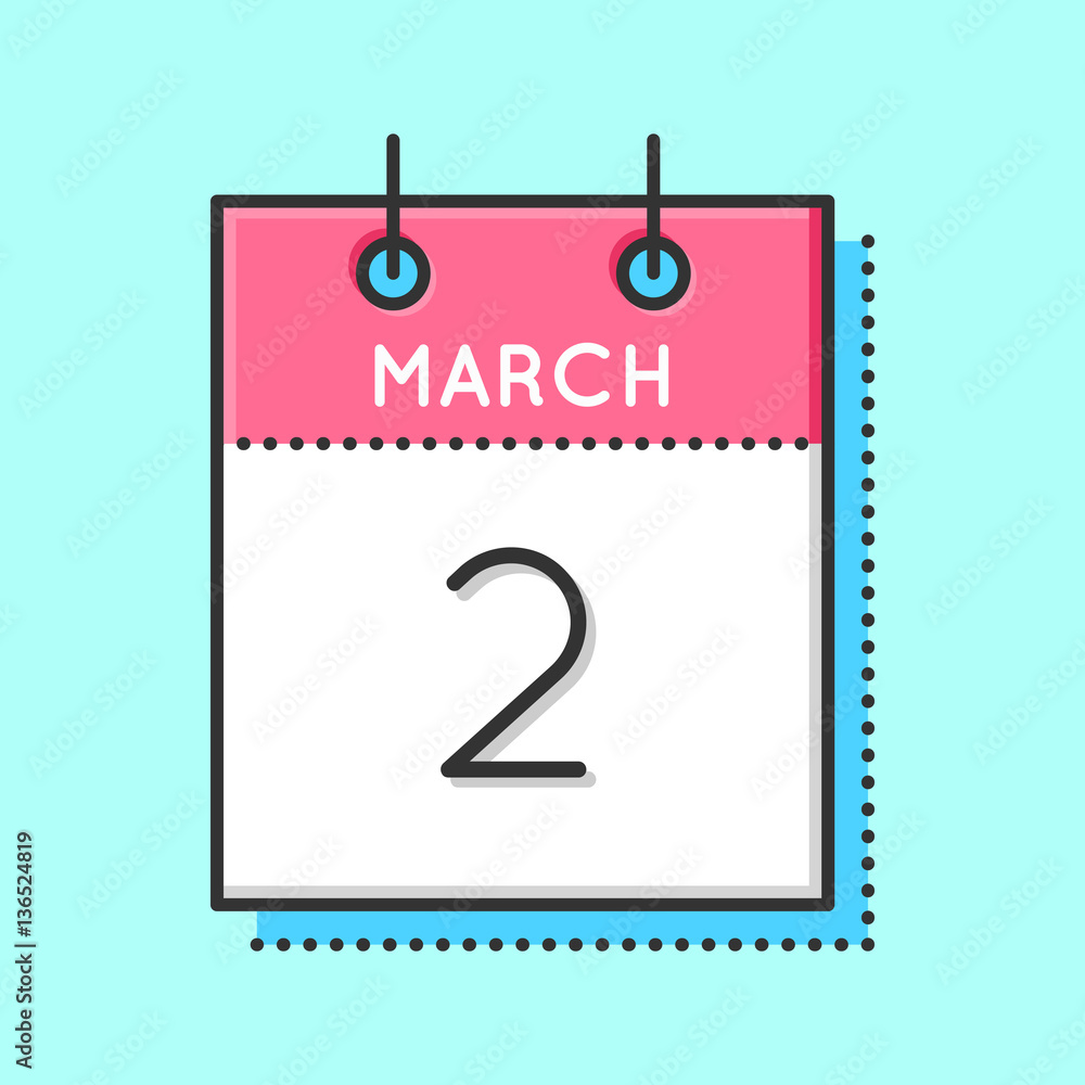 Vector Calendar Icon. Flat and thin line vector illustration. Calendar sheet on light blue background. March 2th. Safety match day Vector Calendar Icon. Flat and thin line vector illustration. Calendar sheet on light blue background. March 2th. Safety match day