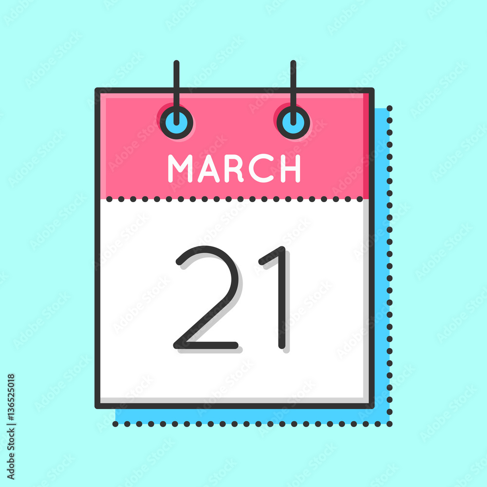 Vector Calendar Icon. Flat and thin line vector illustration. Calendar sheet on light blue background. March 21th Vector Calendar Icon. Flat and thin line vector illustration. Calendar sheet on light blue background. March 21th
