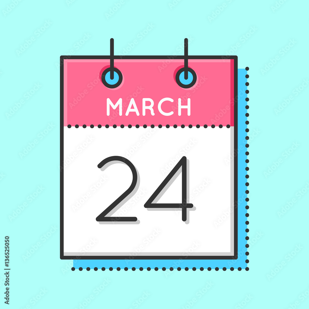 Vector Calendar Icon. Flat and thin line vector illustration. Calendar sheet on light blue background. March 24th Vector Calendar Icon. Flat and thin line vector illustration. Calendar sheet on light blue background. March 24th