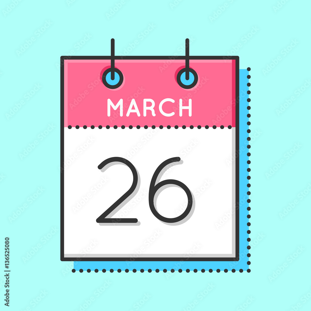 Vector Calendar Icon. Flat and thin line vector illustration. Calendar sheet on light blue background. March 26th Vector Calendar Icon. Flat and thin line vector illustration. Calendar sheet on light blue background. March 26th