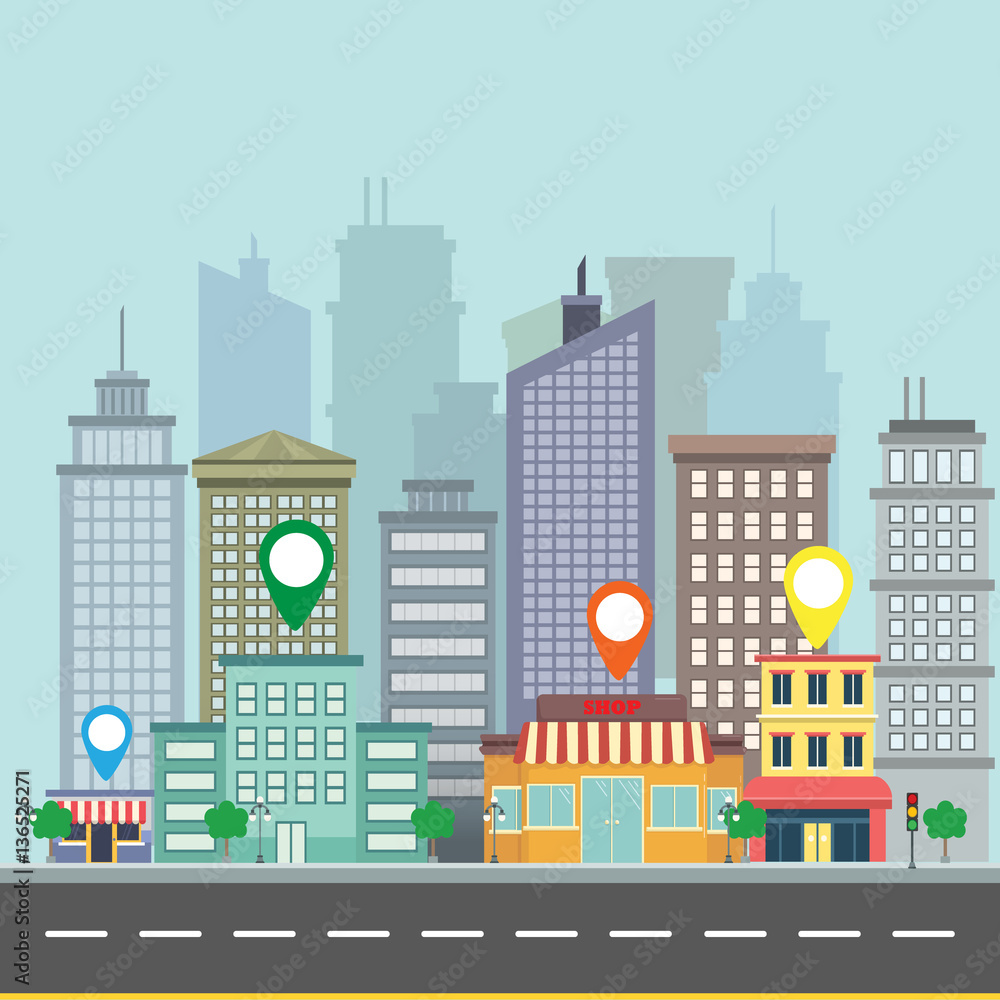 City web banner navigation. Map pin on city street
