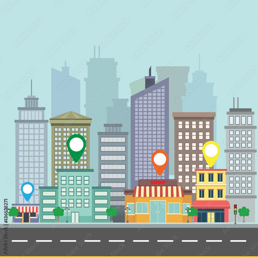 City web banner navigation. Map pin on city street City web banner navigation. Map pin on city street