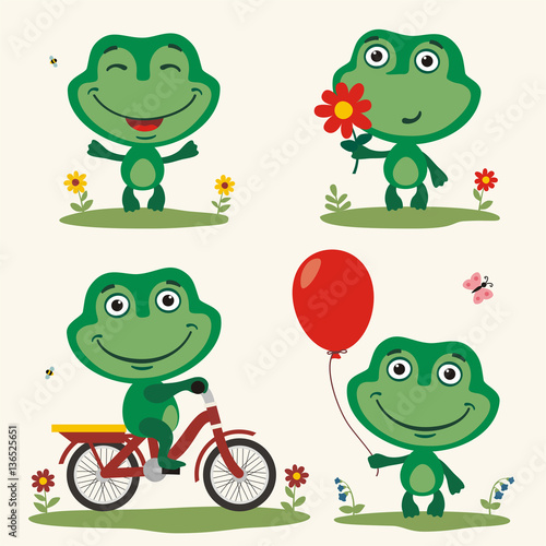 Vector set funny frog play on meadow. Collection isolated frog on bicycle  with balloon and flower in cartoon style.