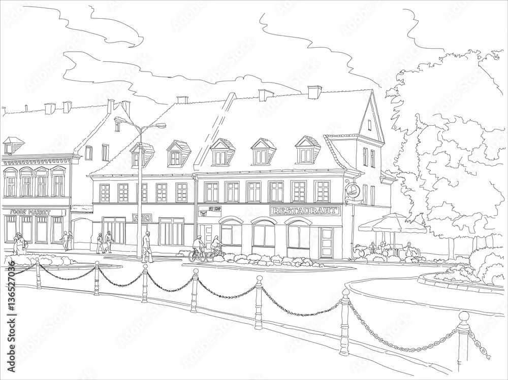 House of the nineteenth century on the central square of a small cozy town in Europe. Black and white vector illustration.