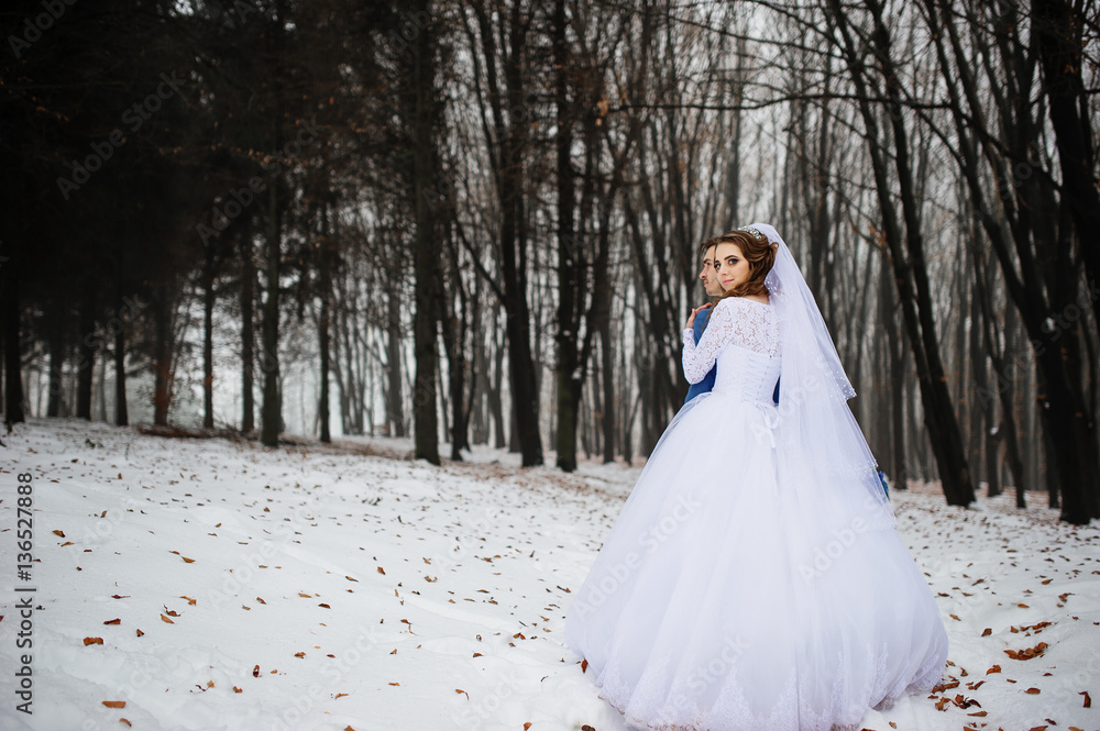 Young stylish wedding couple at forest on winter day. Loving new Young stylish wedding couple at forest on winter day. Loving new