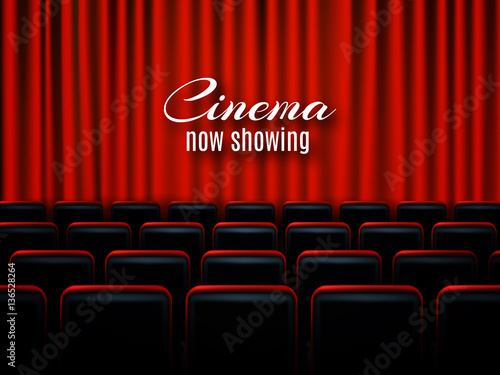Movie cinema premiere poster design with red curtains. Vector banner.