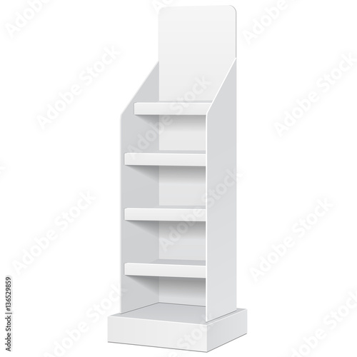 Cardboard Floor Display Rack For Supermarket Blank Empty Displays With Shelves Mock Up. Illustration Isolated On White Background. Ready For Your Design. Product Presentation. Vector