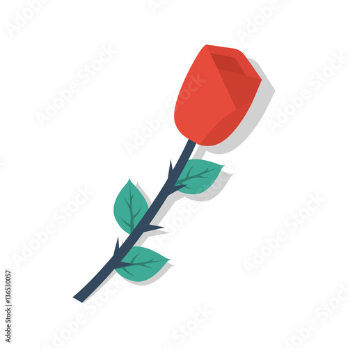 Rose isolated on white background. Color icon. Red flower with thorns and leaves. Vector illustration of a flat design.