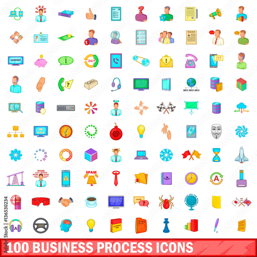100 business process icons set, cartoon style