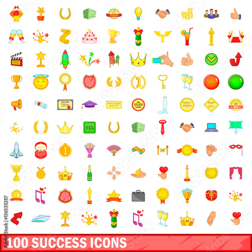 100 success icons set  cartoon style