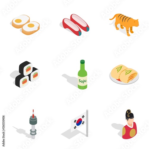 Symbols of South Korea icons, isometric 3d style