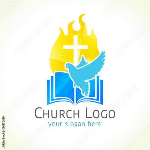 Christian church vector logo. Golden glowing crucifix, fire, dove, bible. Fiery flaming shining crucifixion gold colored. Light, flying bird, broken glass pattern. Religious educational symbol.