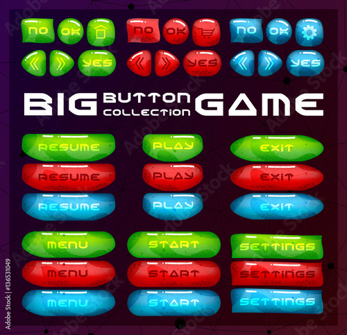 Buttons for game user interface. Concept designed glossy and bright menu elements.