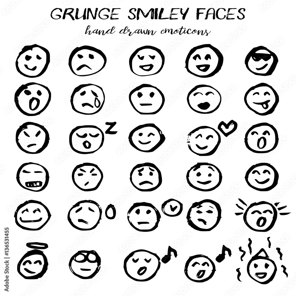 Smiley faces collection in hand drawn technique and grunge style isolated on white. Vector illustration Smiley faces collection in hand drawn technique and grunge style isolated on white. Vector illustration