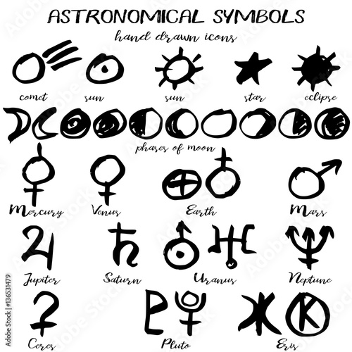 Set of astronomical icons in hand drawn technique and grunge style isolated on white. Sun, planets and phases of moon. Vector illustration