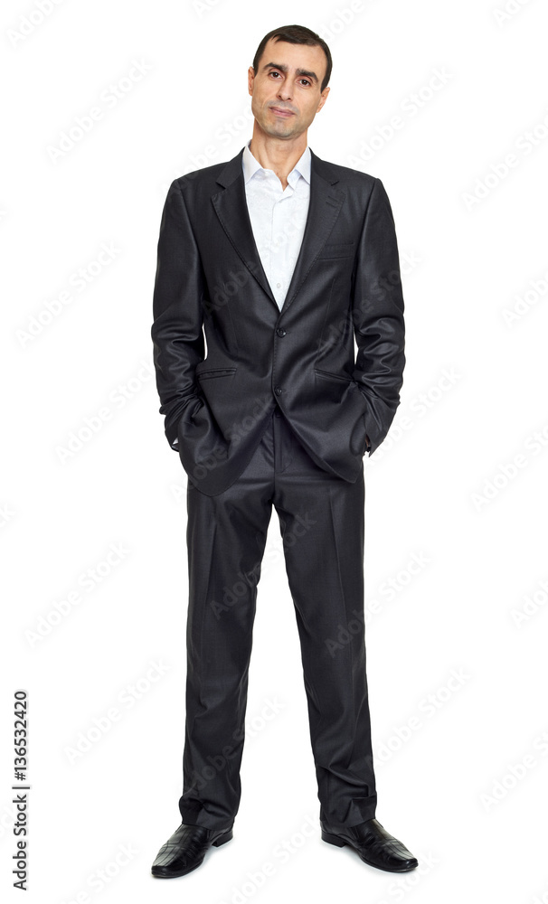 adult man in black suit posing, white space background adult man in black suit posing, white space background