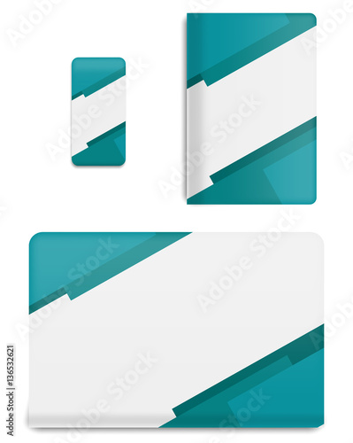 Collection graphics covers for technology device. Template case or sticker for mobile phone, tablet and laptop. Mockup for branding, advertising, business and corporate identity. Vector illustration