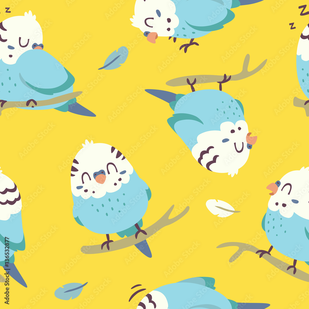 Fototapeta premium vector cartoon budgie parrot seamless pattern
