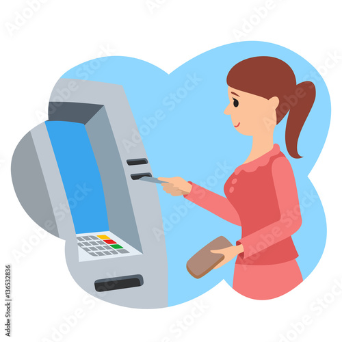 Woman using ATM machine. Vector illustration isolated white background.