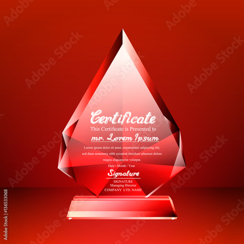 Crystal trophy certificate design template on red background.