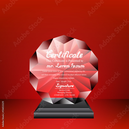 Crystal trophy certificate design template on red background.
