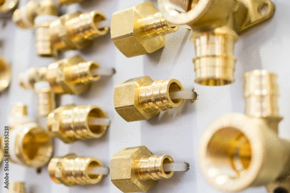 A variety of plumbing pipe connectors, corners, fittings, nipples. A variety of plumbing pipe connectors, corners, fittings, nipples.
