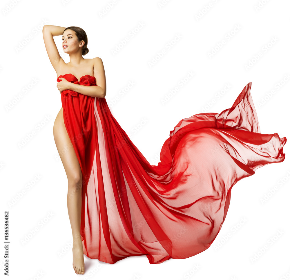 Woman Sexy Body In Red Flying Silk Fabric Fashion Beauty Model Naked Leg White Isolated Stock