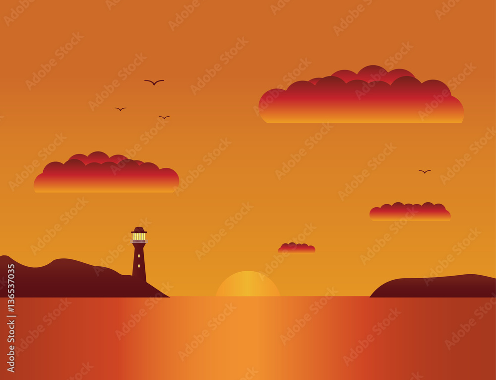 Vector a flat landscape a summer sunset at the sea.Beautiful beach tropical  sunset landscape.Sunset over the sea.Seascape with a view from a bay on a beacon and the sun coming for the horizon.