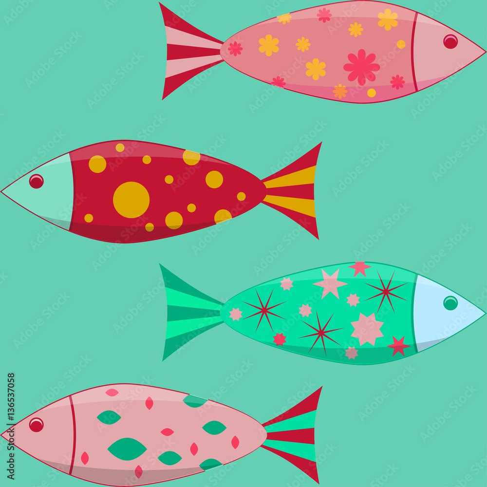 Set of the simple flat fishes decorated by patterns. Vector illustration EPS10