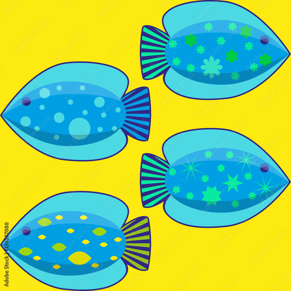 Set of the simple flat fishes decorated by patterns. Vector illustration EPS10
