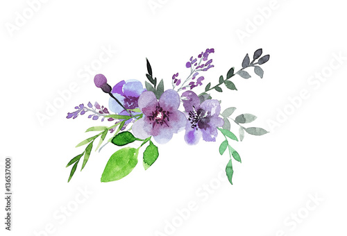 Hand drawing composition of floral elements in blue and purple c