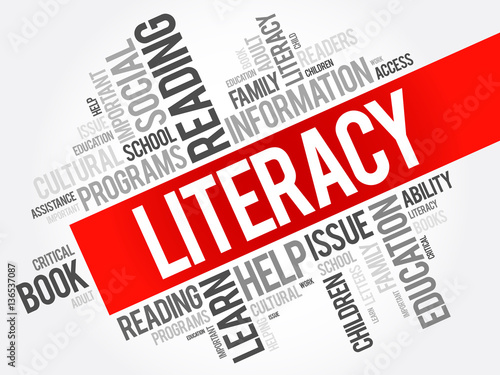Literacy word cloud collage, education concept background
