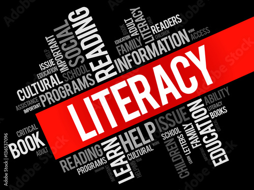 Literacy word cloud collage, education concept background