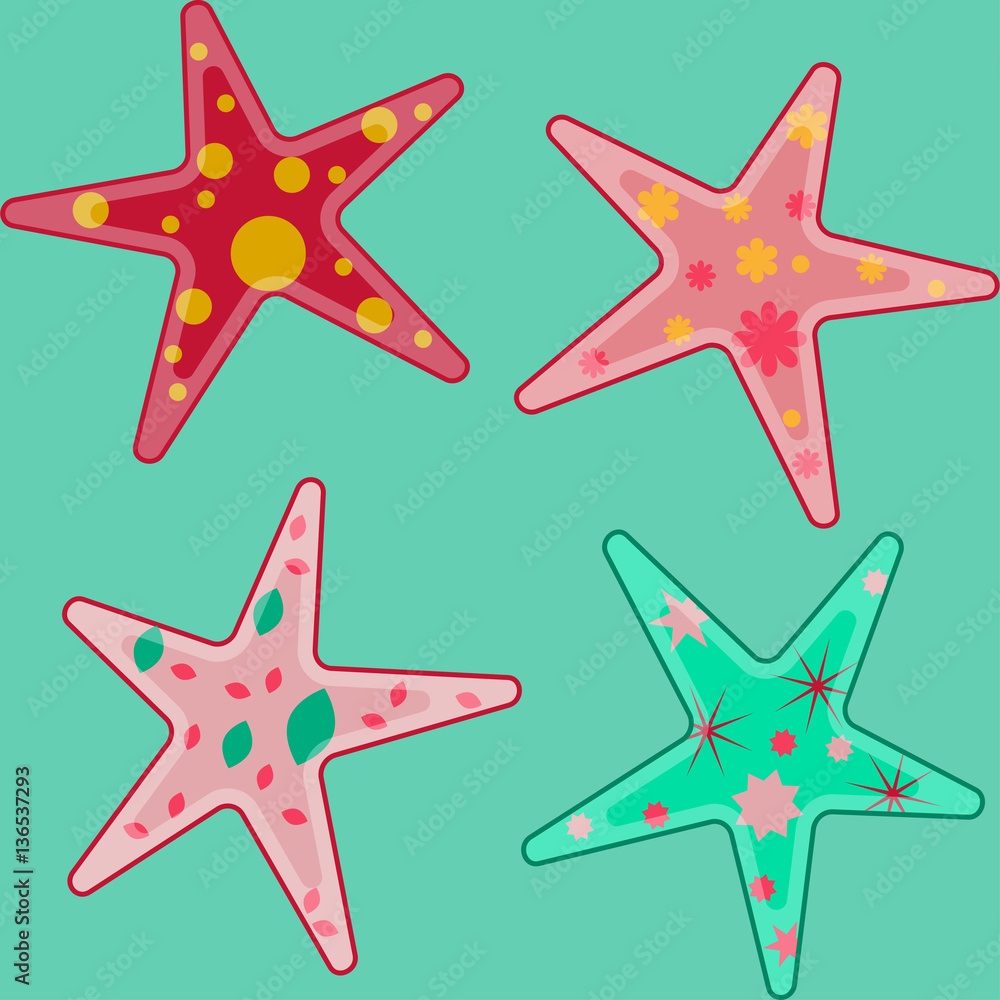 Set of the simple flat starfishes decorated by patterns. Vector illustration EPS10 Set of the simple flat starfishes decorated by patterns. Vector illustration EPS10