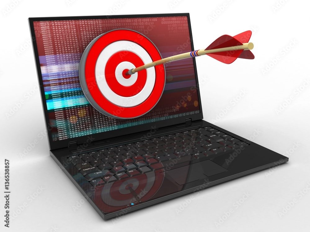 3d illustration of laptop computer over white background with red digital screen and target 3d illustration of laptop computer over white background with red digital screen and target